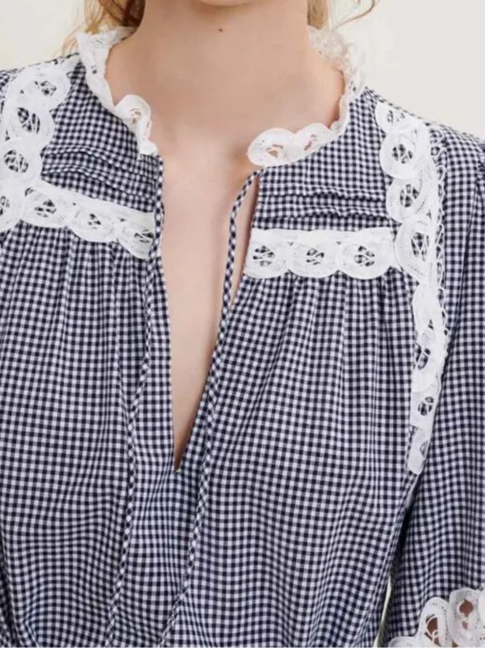Maje Gingham Lace Trim V-Neck Cropped Organic Cotton Top sz M Altered